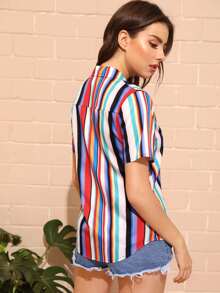 Rainbow Striped Single Breasted Blouse - Multicolor - View 2