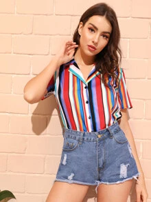 Rainbow Striped Single Breasted Blouse - Multicolor - View 4