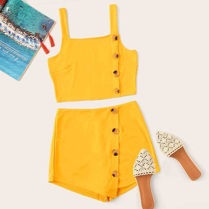 

Button Front Cami Top & Shorts, Yellow