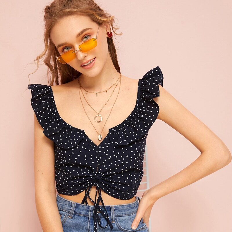 

Ruffle Trim Shirred Polka Dot Top, Multicolor