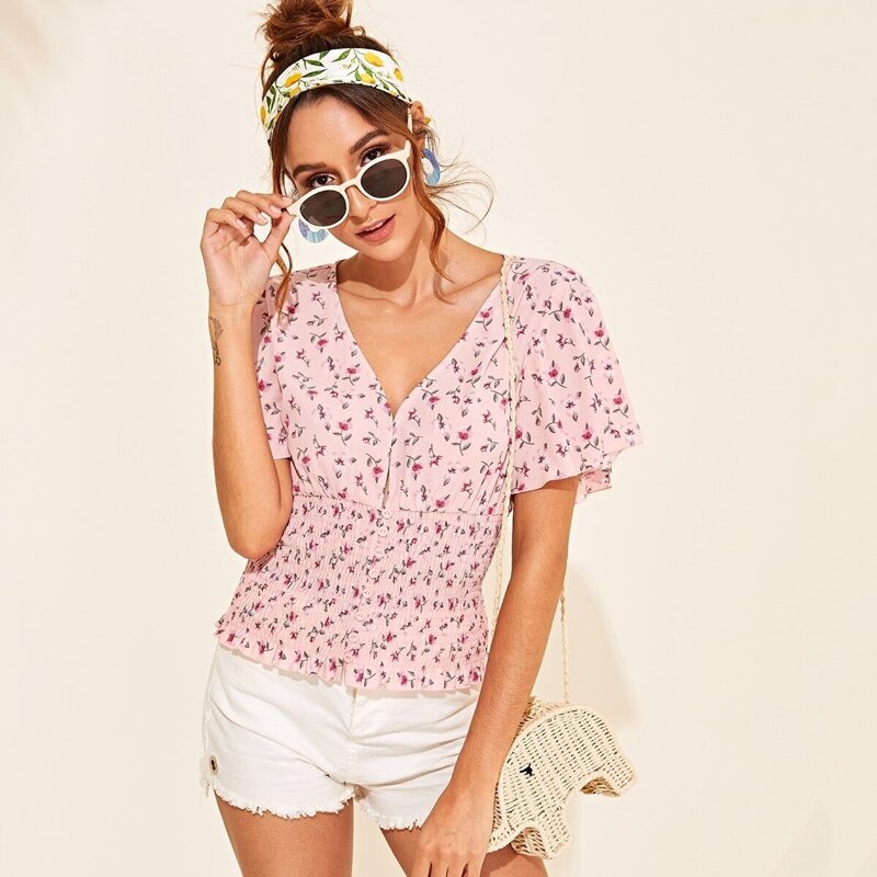 

Ditsy Floral Flutter Sleeve Button Shirred Hem Blouse, Multicolor