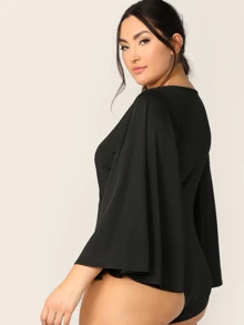 Mulvari Plus Surplice Neck Exaggerate Bell Sleeve Bodysuit, For Winter - Black - View 2