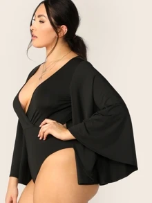 Mulvari Plus Surplice Neck Exaggerate Bell Sleeve Bodysuit, For Winter - Black - View 3