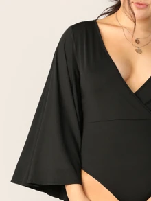 Mulvari Plus Surplice Neck Exaggerate Bell Sleeve Bodysuit, For Winter - Black - View 4