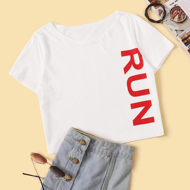 

Letter Print Crop Tee, White