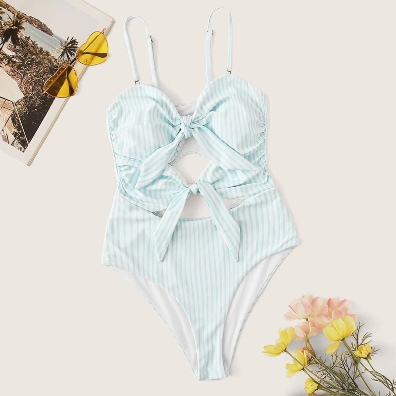 

Striped Cut-out Tie Front One Piece Swimwear, Blue