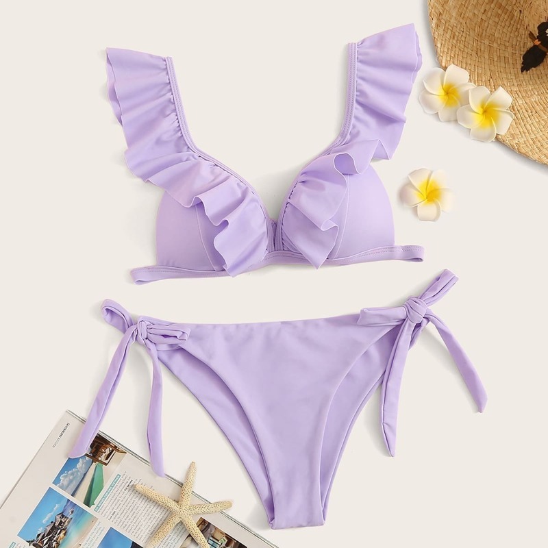 

Ruffle Plunge Top With Tie Side Bikini Set, Purple pastel