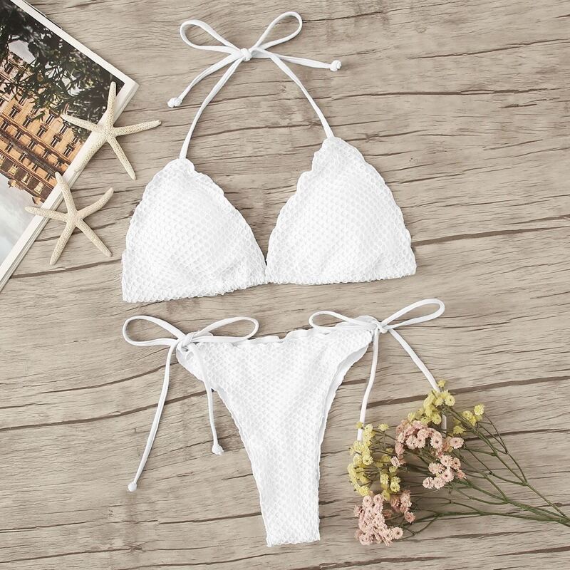 

Lettuce Trim Halter Top With String Bikini Set, White