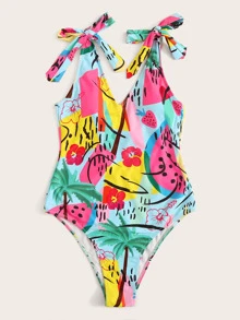 Random Graphic Print Tie Shoulder Swimsuit