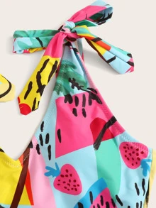 Random Graphic Print Tie Shoulder Swimsuit