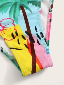 Random Graphic Print Tie Shoulder Swimsuit