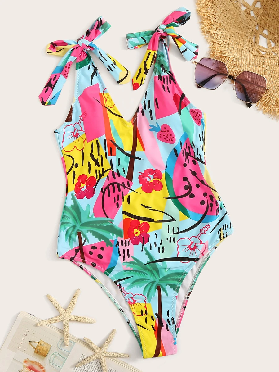 Random Graphic Print Tie Shoulder Swimsuit