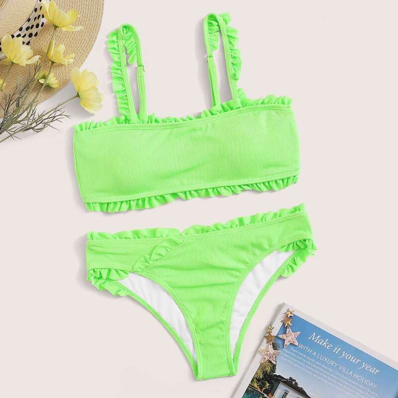 

Frill Trim Ribbed Bikini Set, Green bright