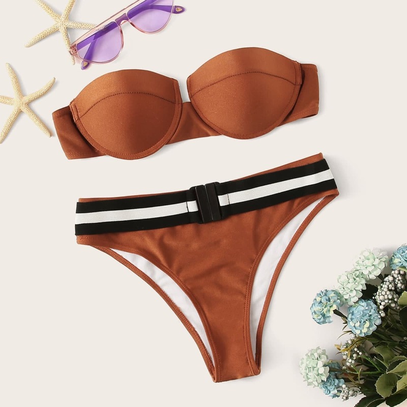

Underwired Top With Striped Buckle Panty Bikini, Brown
