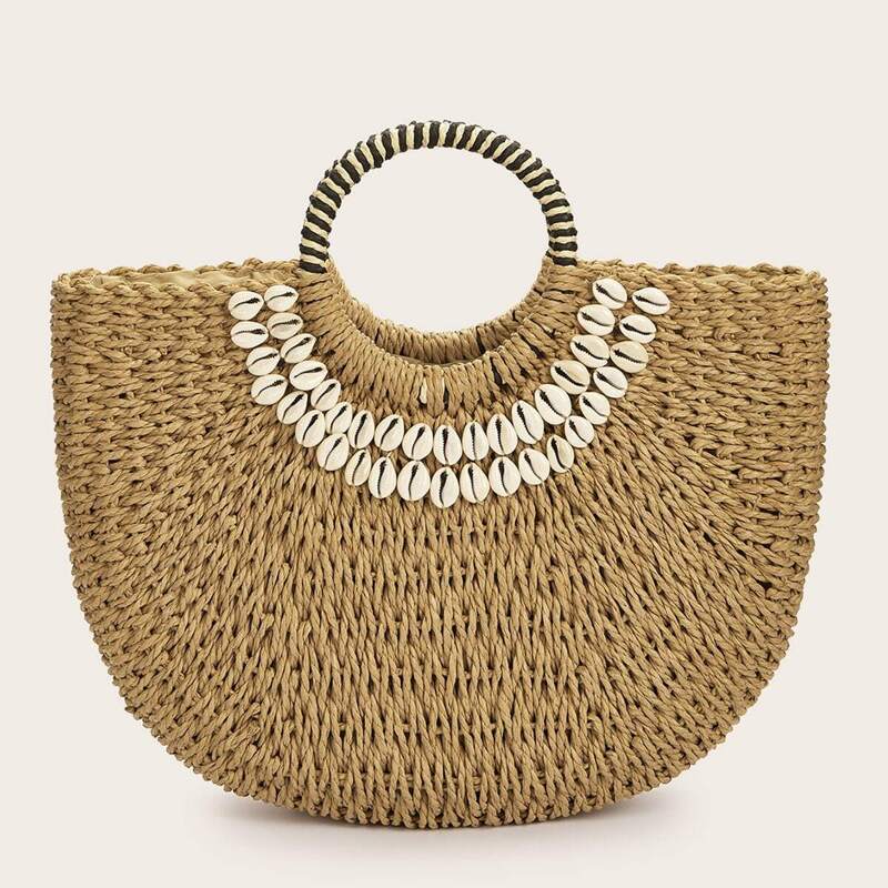 

Random Shell Decor Straw Plaited Tote Bag, Brown