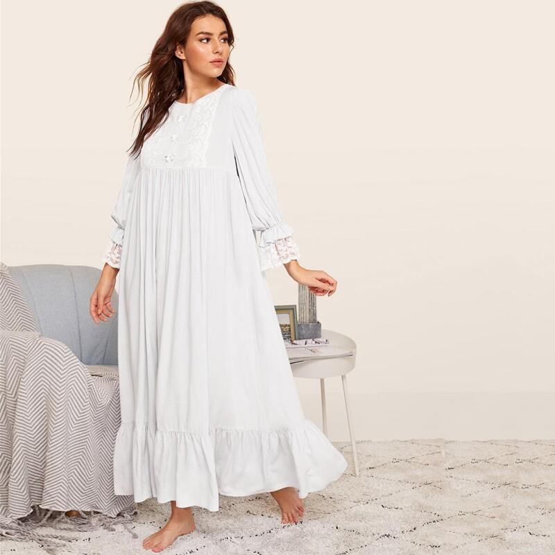 

Bow Detail Embroidered Mesh Cuff Flounce Hem Nightdress, White