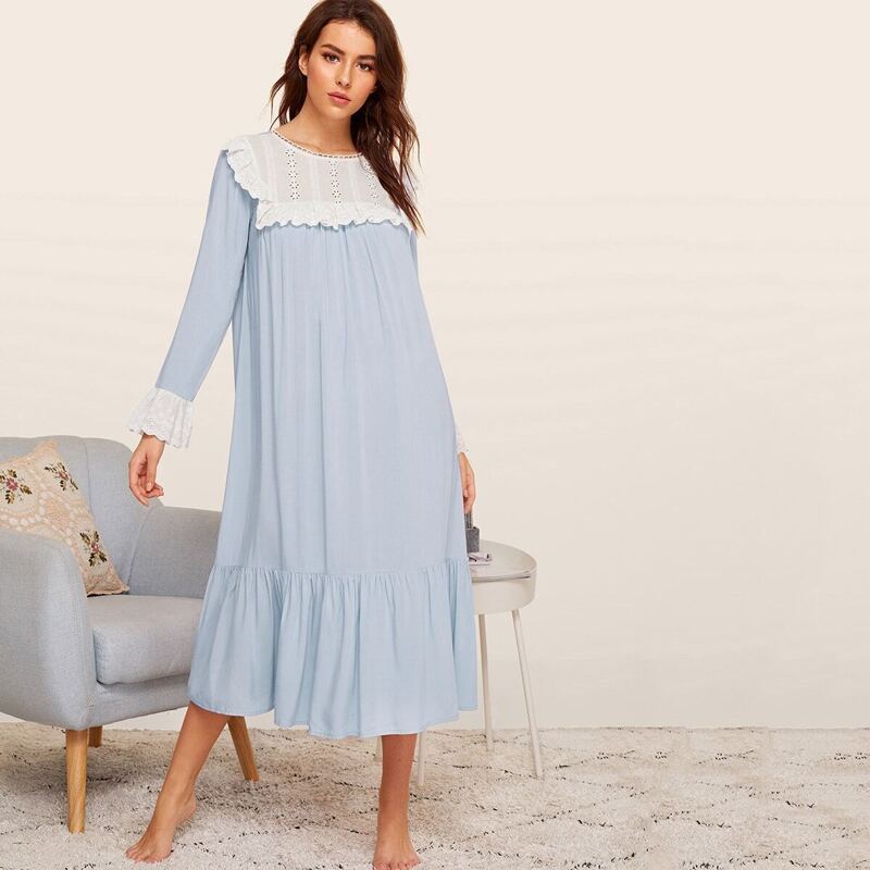 

Schiffy Yoke & Cuff Flounce Hem Nightdress, Blue