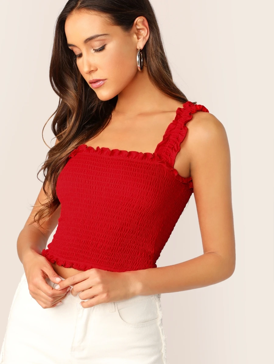 SHEIN Privé Camis Frill Plain Merah Boho - Merah - View 1