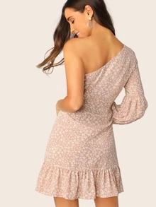SHEIN Ditsy Floral One Shoulder Lantern Sleeve Ruffle Dress - Baby Pink - View 2