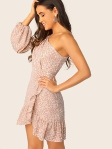 SHEIN Ditsy Floral One Shoulder Lantern Sleeve Ruffle Dress - Baby Pink - View 3