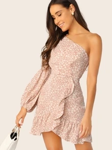 SHEIN Ditsy Floral One Shoulder Lantern Sleeve Ruffle Dress - Baby Pink - View 1