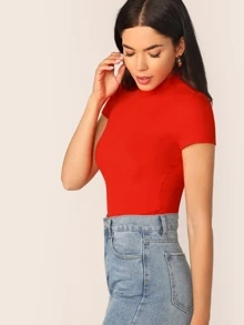 SHEIN Essnce Camiseta tejida de canalé de cuello alto - Rojo - Ver 3