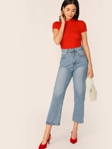 SHEIN Essnce Camiseta tejida de canalé de cuello alto - Rojo - Ver 5