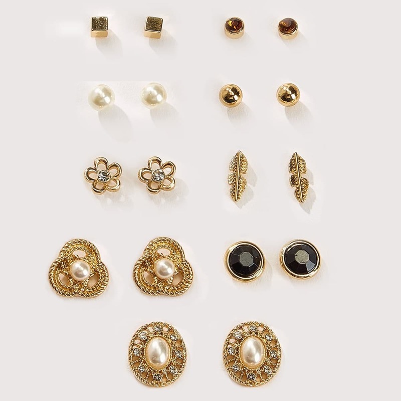 

Rhinestone & Faux Pearls Stud Earrings 9pairs, Multicolor