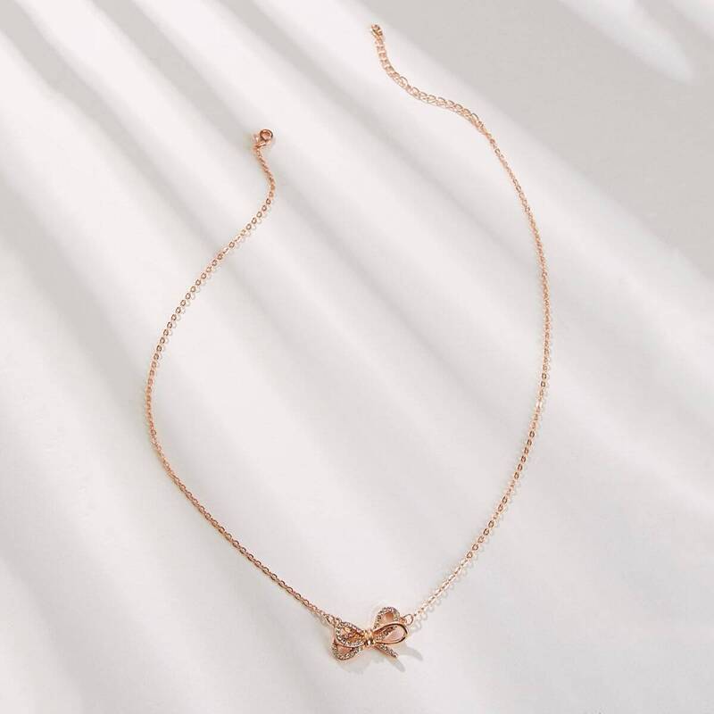 

Rhinestone Bow Pendant Chain Necklace 1pc, Gold