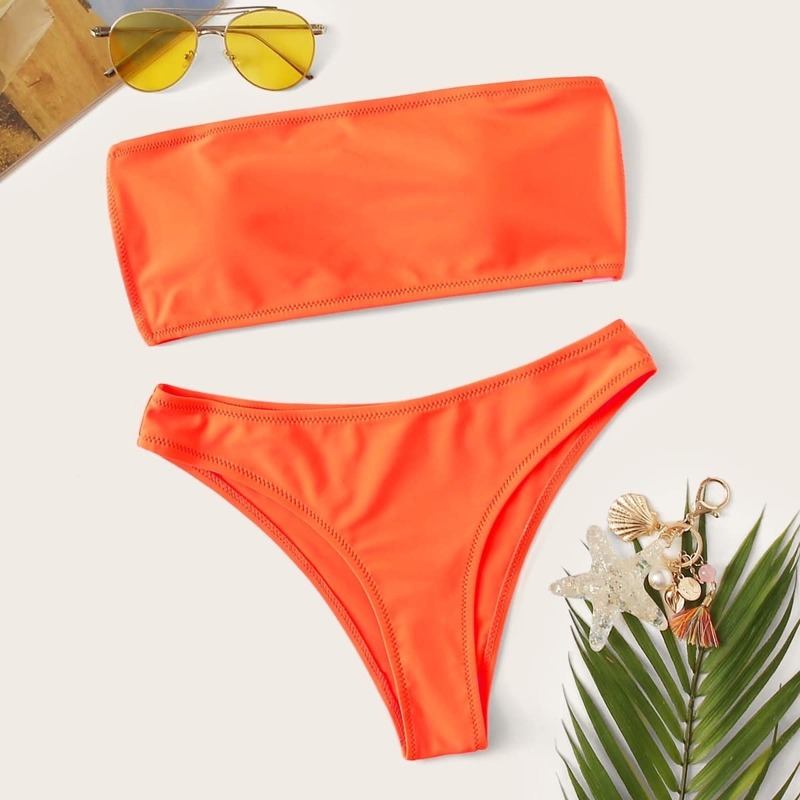 

Neon Orange Detachable Straps Bandeau Bikini Set, Orange bright