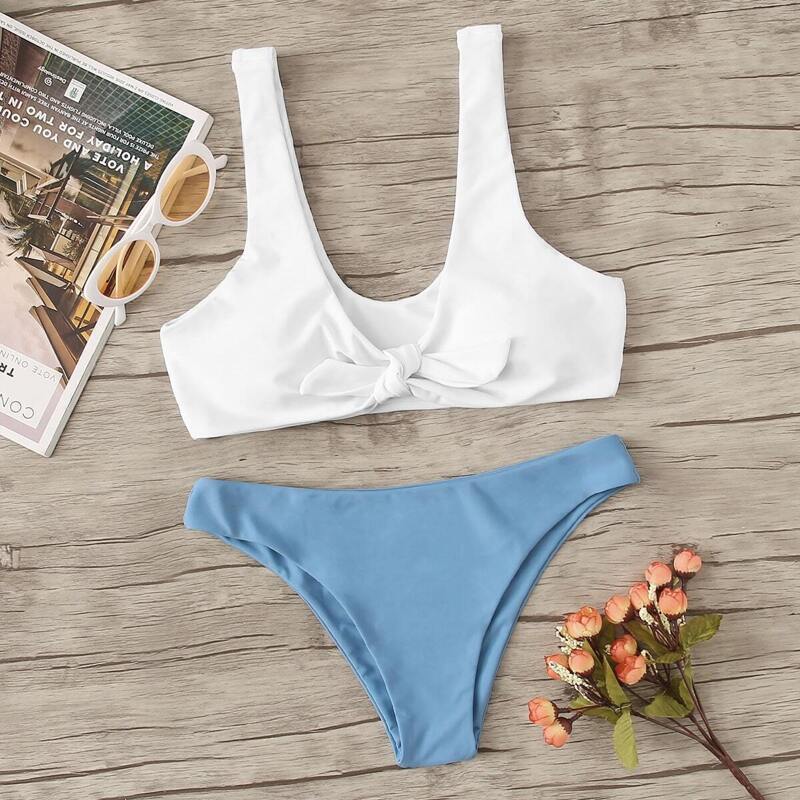 

Two Tone Knot Front Bikini Set, Multicolor