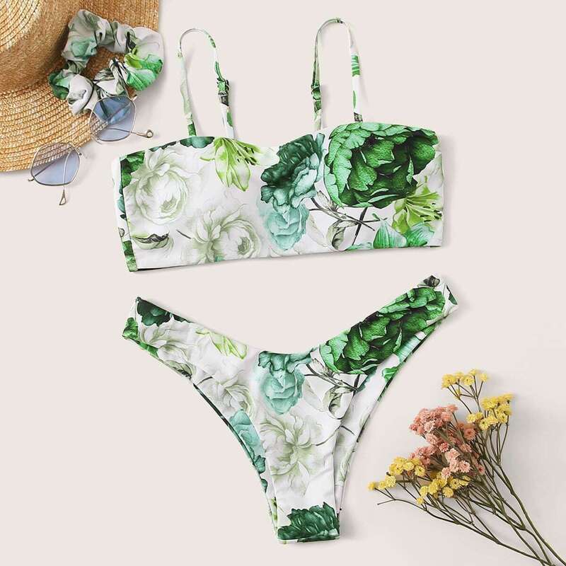 

Random Floral High Cut Bikini With Hair Tie, Multicolor