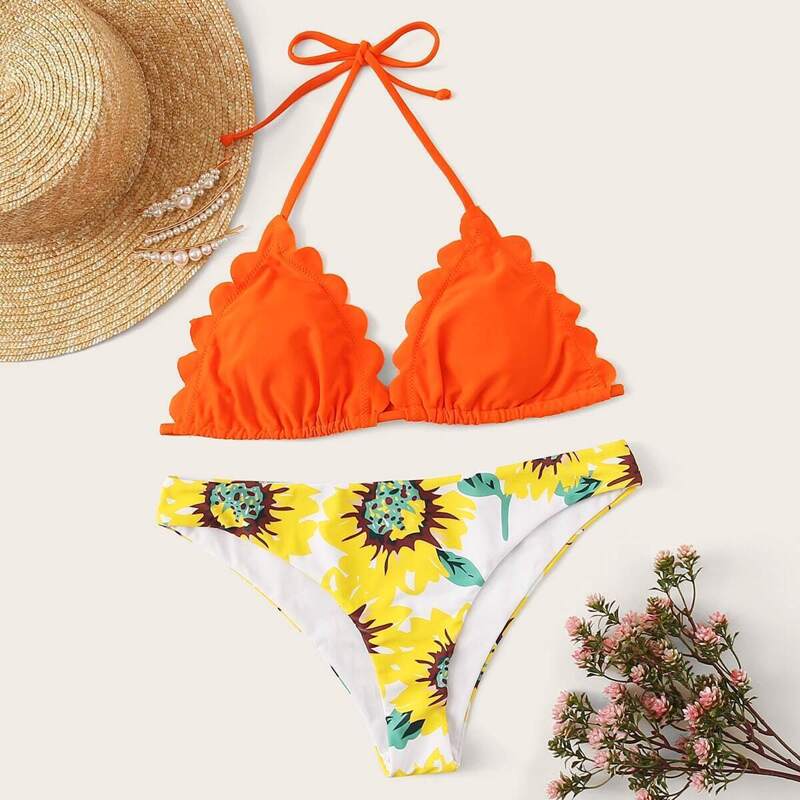 

Scallop Edge Halter Top With Random Floral Bikini, Multicolor
