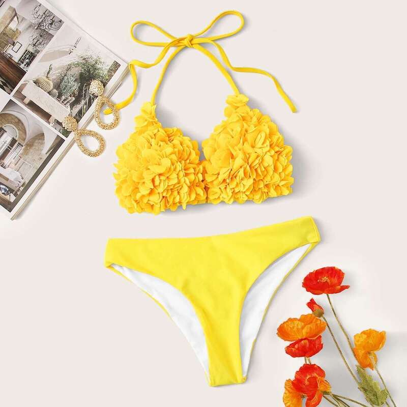 

Flower Applique Triangle Bikini Set, Yellow bright