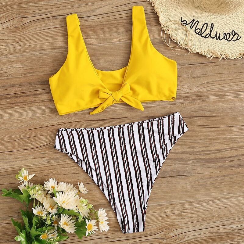 

Tie Front Top With Striped Bikini Set, Multicolor