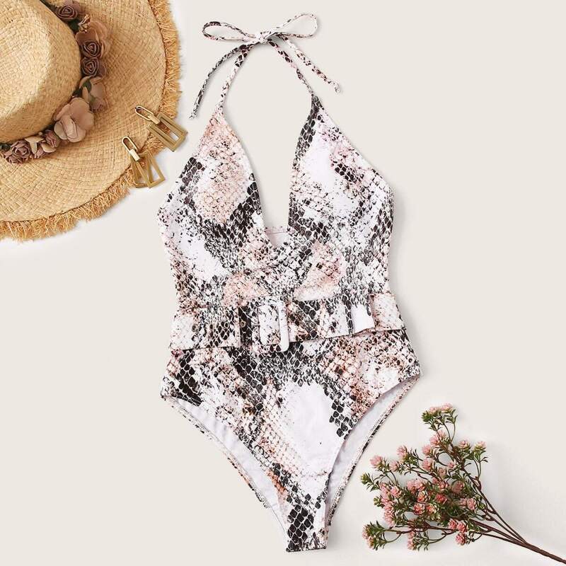 

Snakeskin Print Halter Belted One Piece Swimsuit, Multicolor