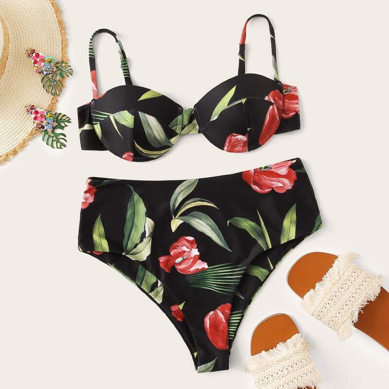 

Random Tropical Print High Waist Underwired Bikini Set, Multicolor