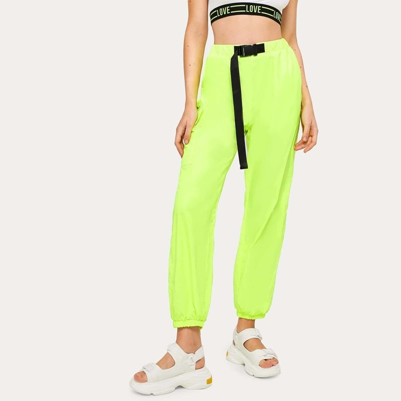 

Neon Lime Push Buckle Waist Flap Pocket Pants, Bright lime green