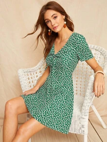 綁結小碎花花卉連衣裙 - 綠色 - 查看 1