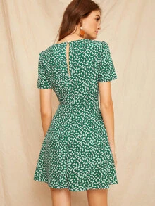 綁結小碎花花卉連衣裙 - 綠色 - 查看 2