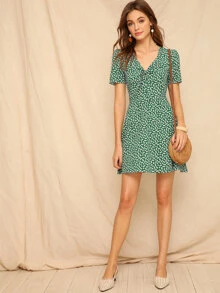 綁結小碎花花卉連衣裙 - 綠色 - 查看 5