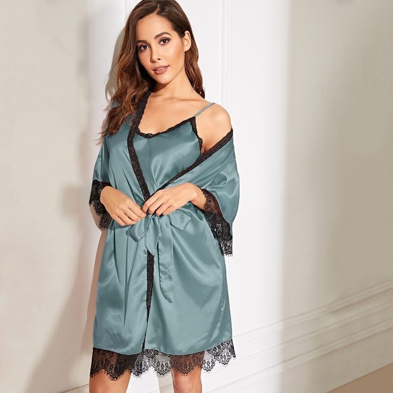 

Floral Lace Satin Cami Dress With Robe, Blue