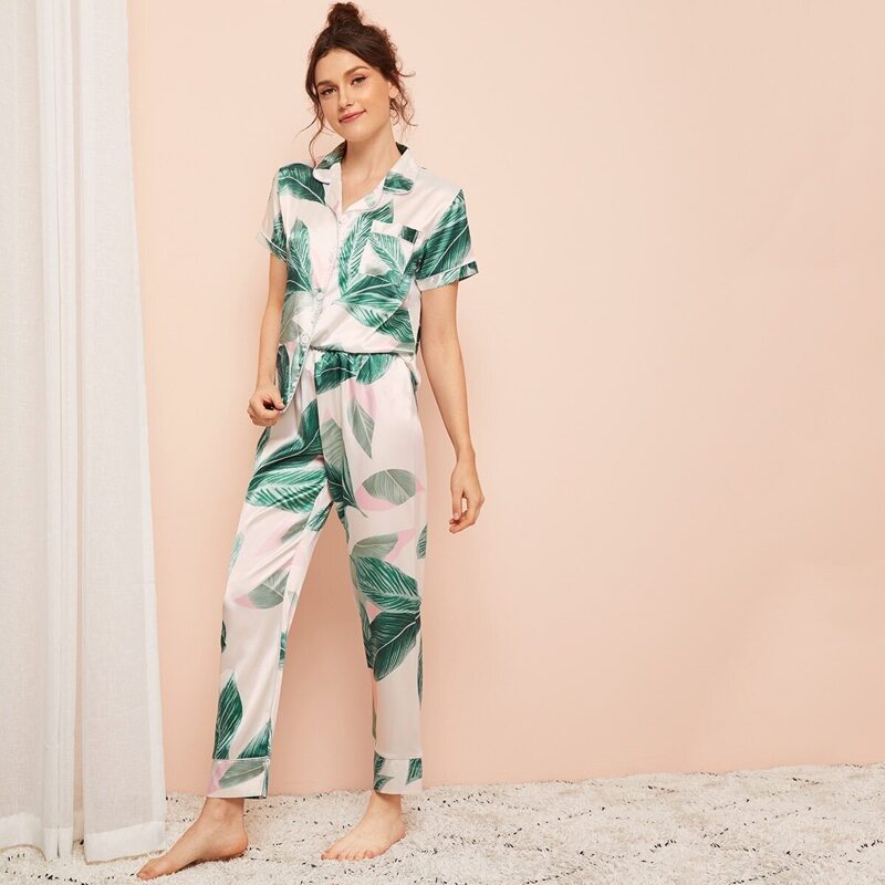 

Tropical Print Satin Pajama Set, Multicolor