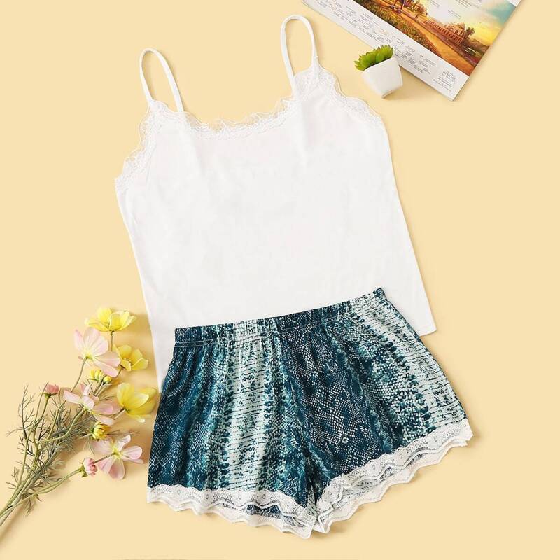 

Lace Trim Cami & Snakeskin Shorts PJ Set, Multicolor