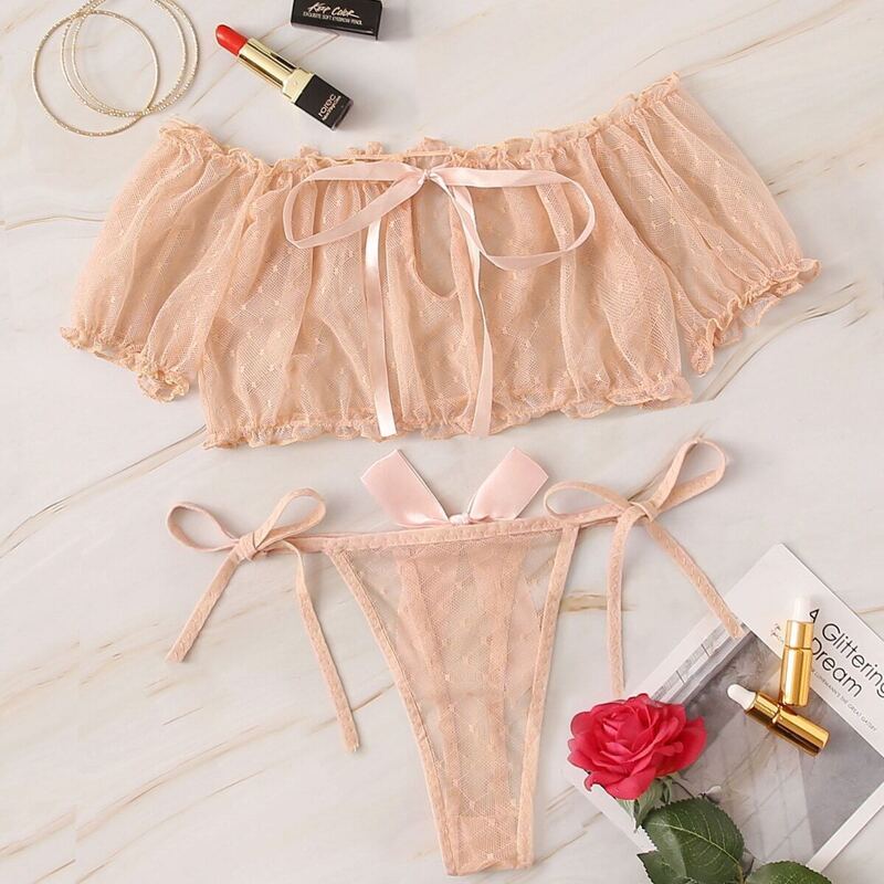 

Bardot Top & Tie Side Thong Sheer Lingerie Set, Pink