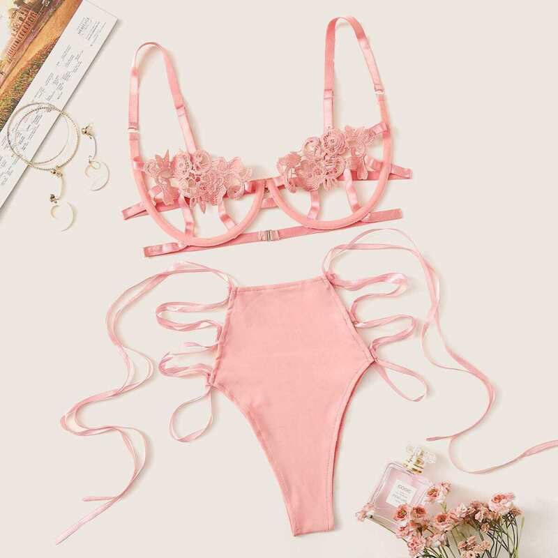 

Appliques Strappy Satin Lingerie Set, Pink