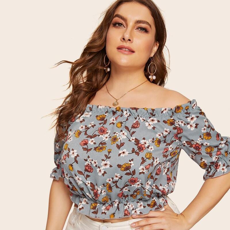 

Plus Off-shoulder Ditsy Floral Frill Blouse, Multicolor