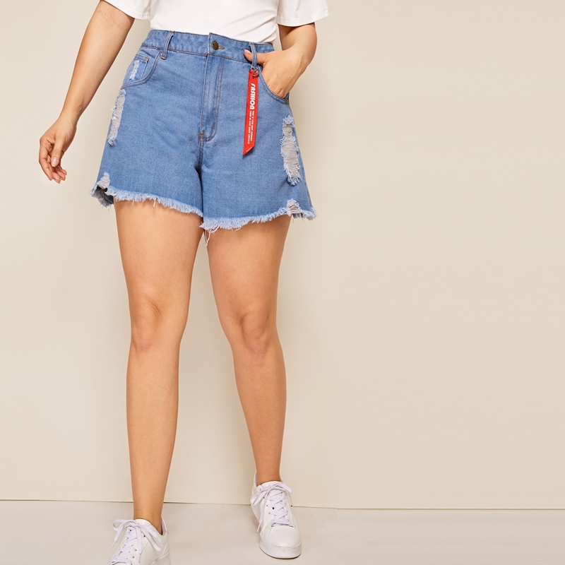 

Plus Raw Hem Ribbon Ripped Denim Shorts, Blue
