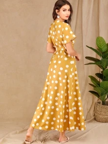 Polka Dot Knot Wrap Dress - Yellow - View 2