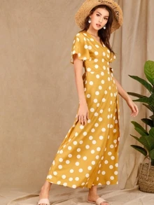 Polka Dot Knot Wrap Dress - Yellow - View 3
